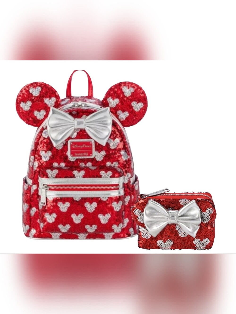 Loungefly Disney Parks Red And Silver Sequin Minnie Mouse Backpack W Wallet